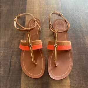 Tory Burch Logo T Strap Sandals Brown Coral Leather Flat Sandal Size 9
